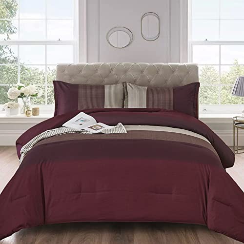 Comforter Set Reversible Stripe Down Alternative Comforter for Queen Burgundy