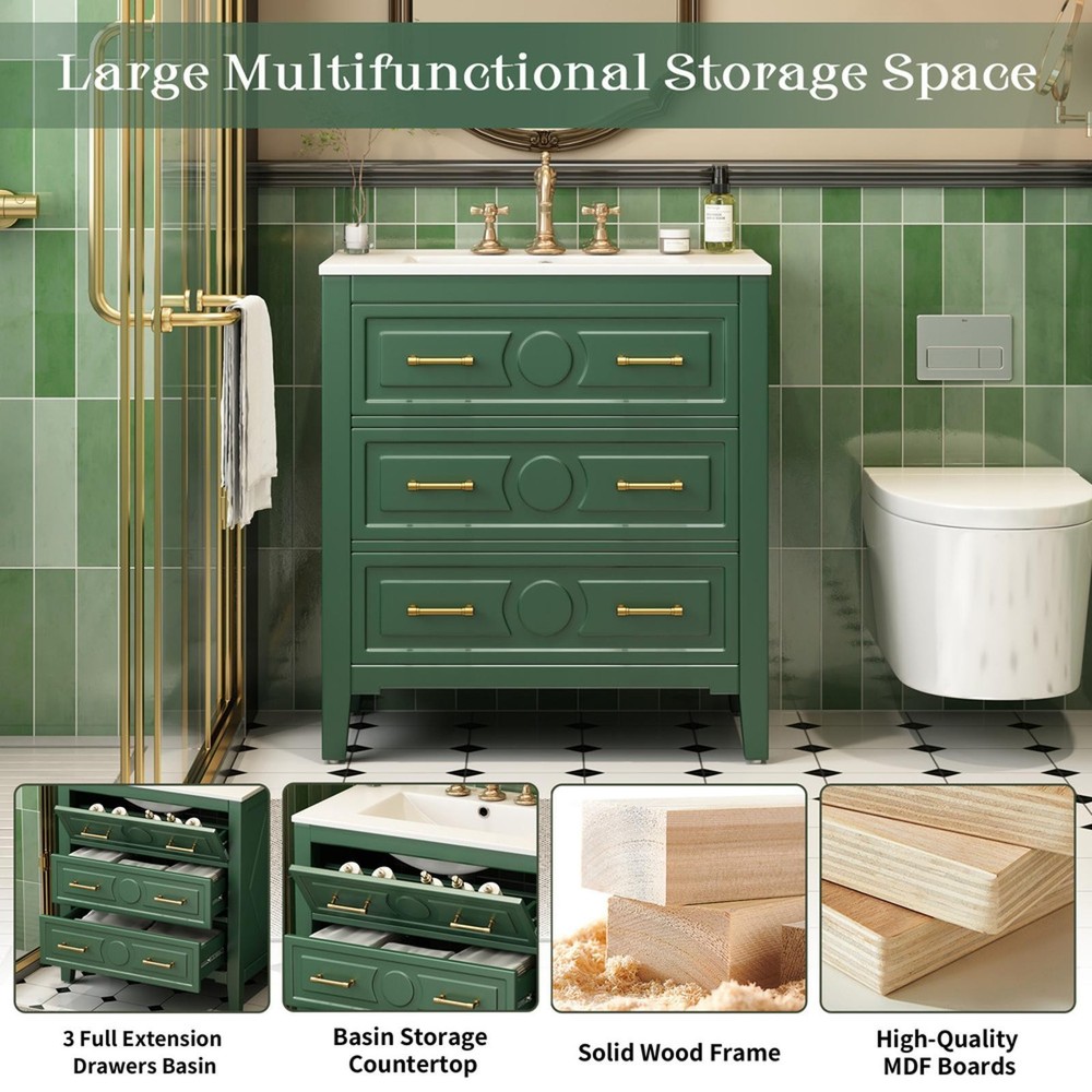 30'' Bathroom Vanity with Ceramic Sink Combo, Standing Single Vanity