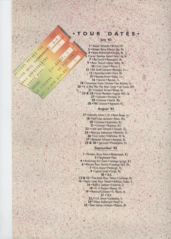 1983 NEIL YOUNG Everybodys Rockin CONCERT Tour Program . WITH TICKET ATTACHED