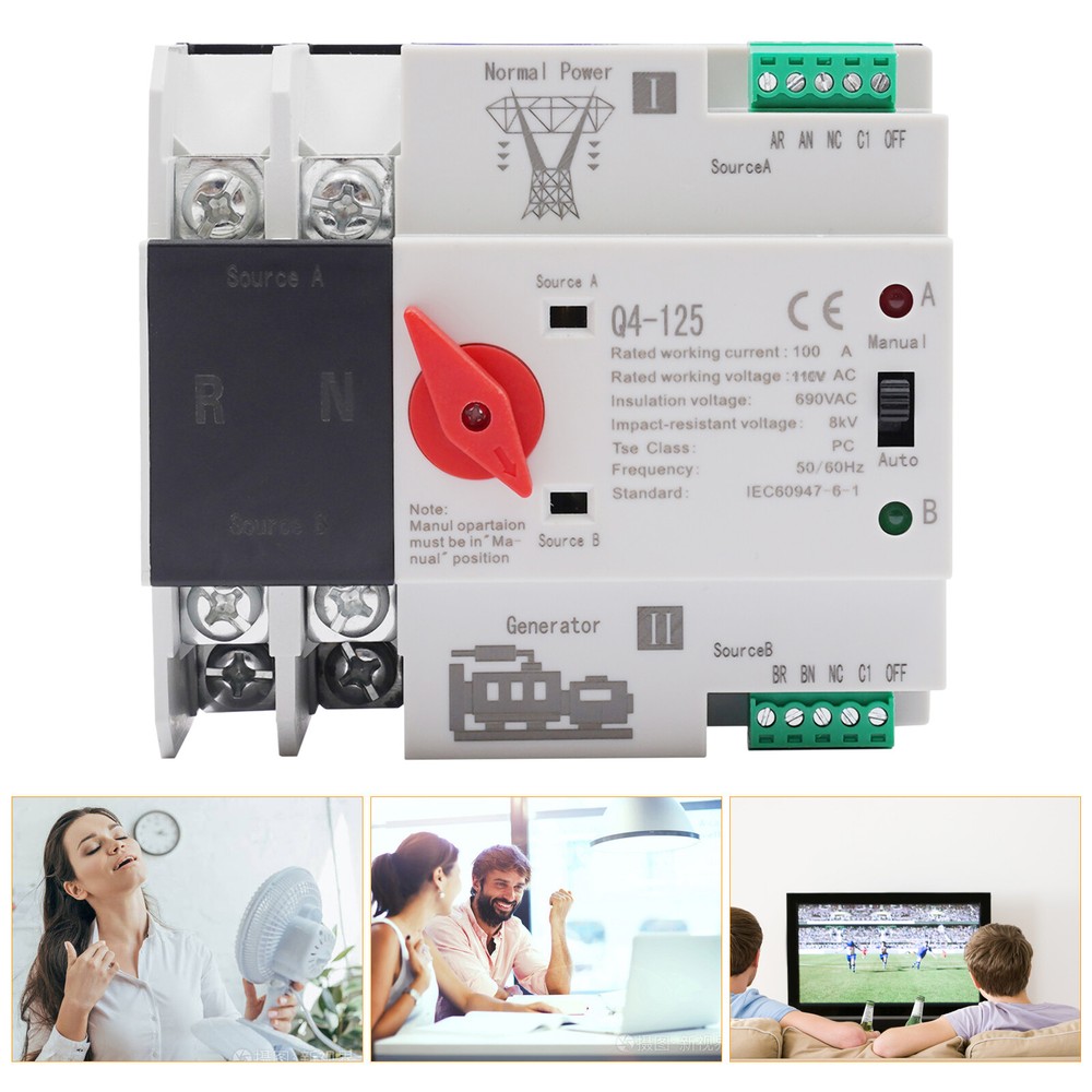 Automatic Transfer Switch 2P 100A 110V Grid to AC Generator Dual Power Control