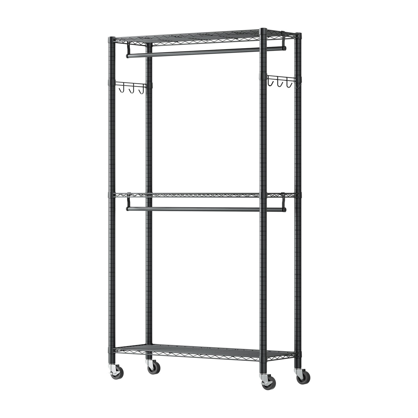 Uimoso Adjustable 3-Tier Rolling Garment Rack for Clothing Storage, Black