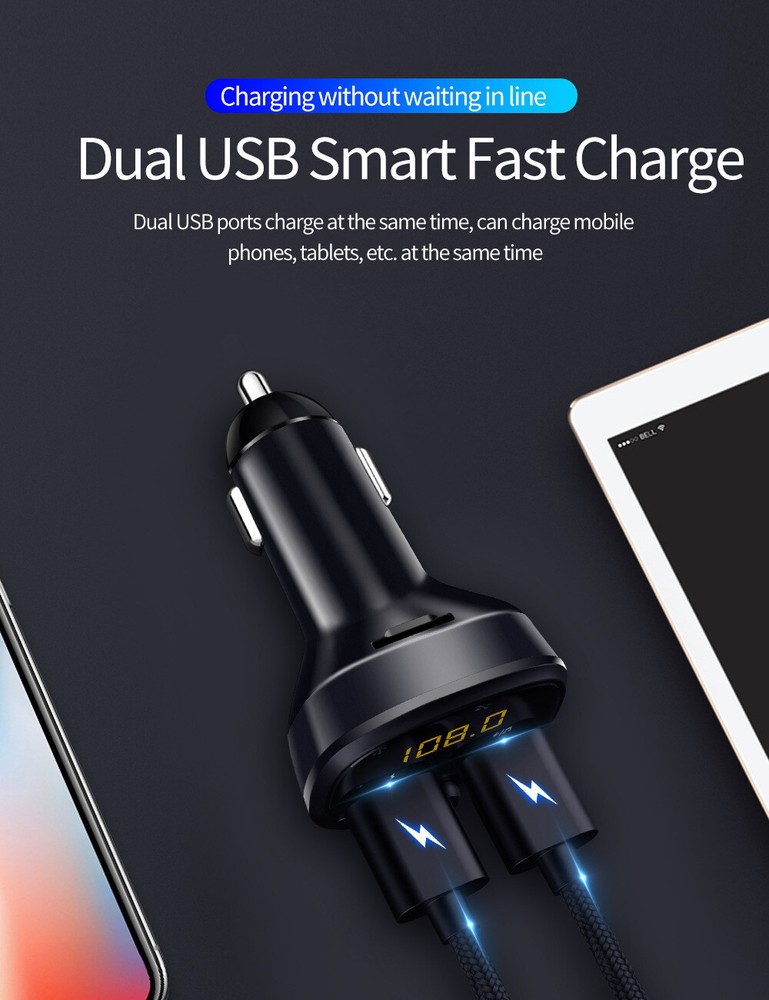 In Car Wireless Bluetooth 5.0 FM Transmitter AUX Receiver Adapter 2 USB Charger