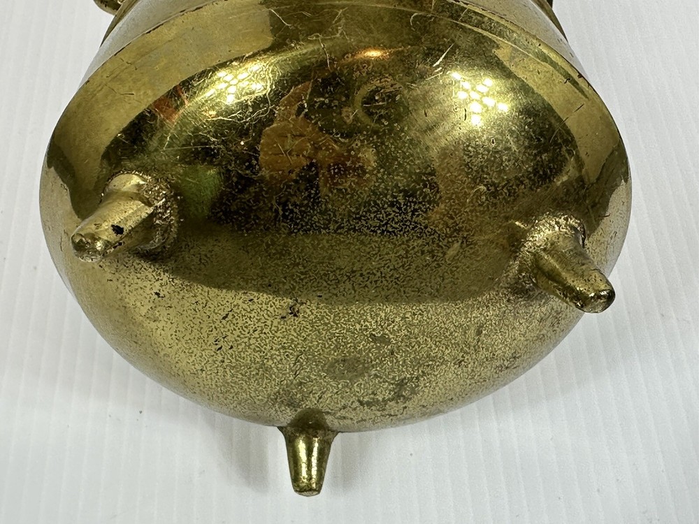 Vintage Solid Brass 3 Footed Fireplace Smudge Pot With Lid