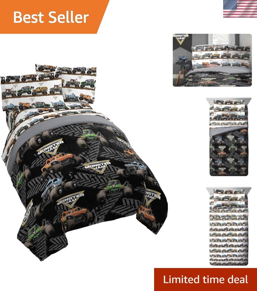 Monster Jam Tracks 4 Piece Twin Bed Set - Includes Comforter & Sheet Set - Be...