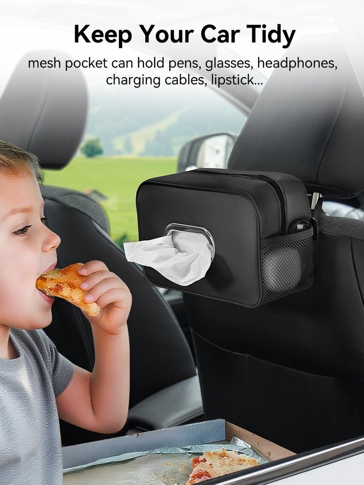 Multi-Functional Car Tissue Holder with ‌2 Storage Nets, Upgraded PU Black