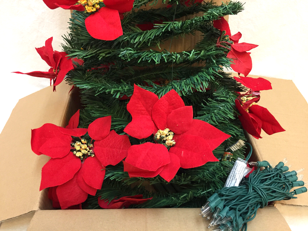 4 Ft Tree Red Pointsettia Lighted Pull Up Collapsible Base Lights Table Top NIP