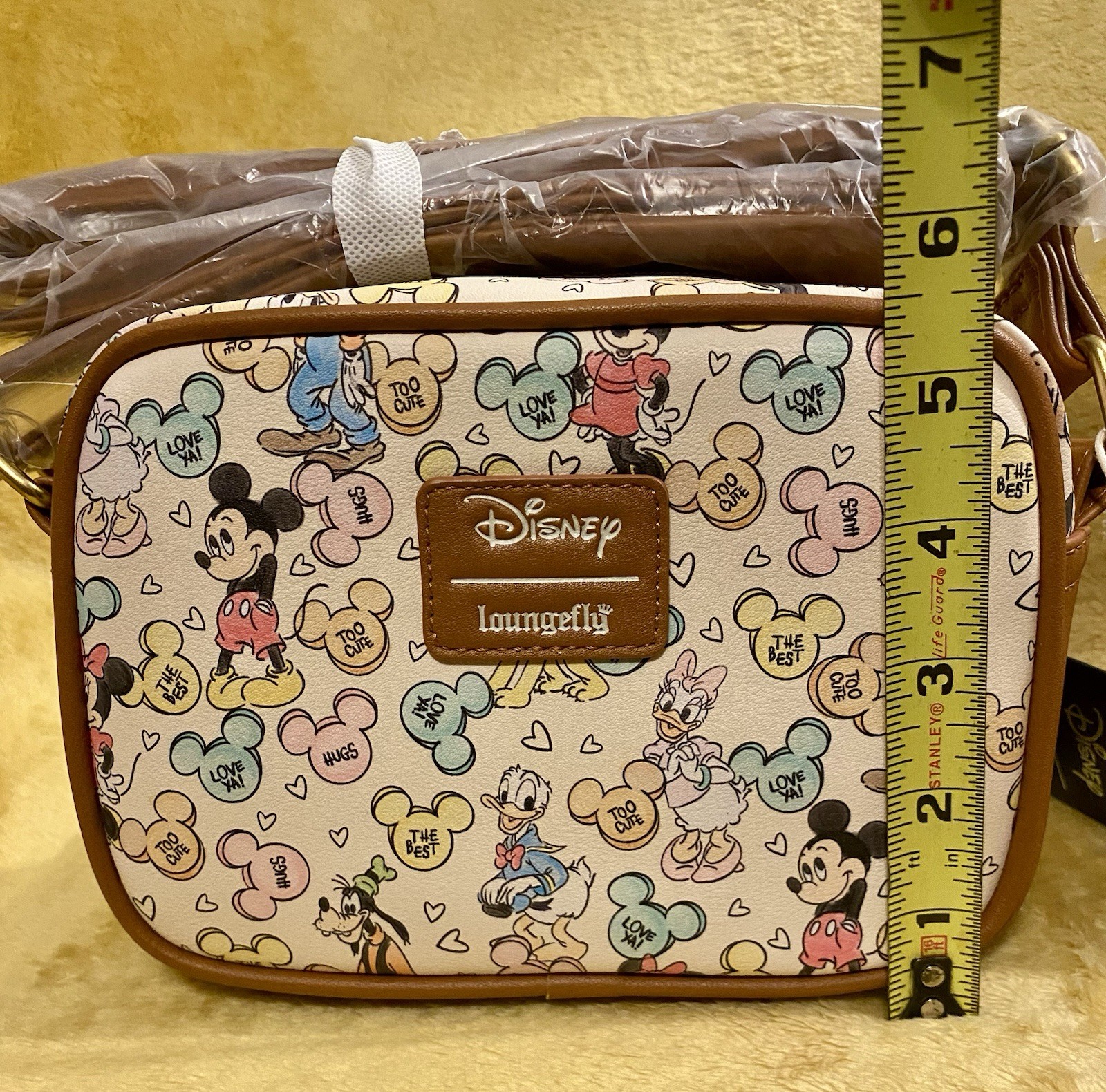 LOUNGEFLY Disney Mickey Mouse & Friends Candy Camera Zip Closure Crossbody Bag.