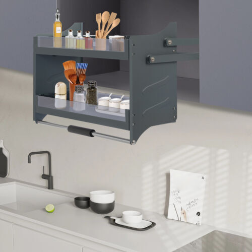 Pull Down Shelf Upper Kitchen Wall Cabinet Storage Organizer Dark Grey USA