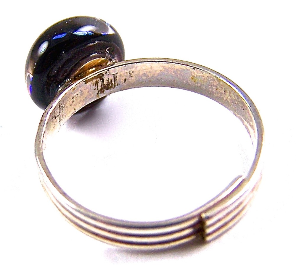 Dichroic Ring Green Grey Striped Patterned Glass Tiny Adjustable Silver 1/4" 8mm