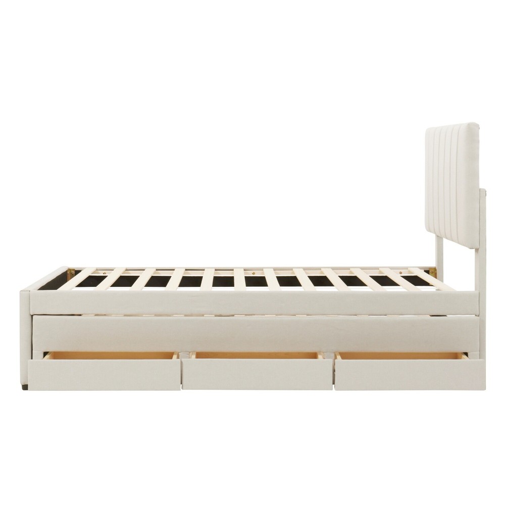 Twin Size Bed Frame Upholstered Platform Bed w/ Pull Out Trundle & 3 Drawers