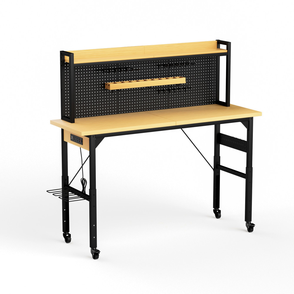 71'' Heavy Duty Adjustable Workbench w/ Wheels, Pegboard, AC/USB Outlet & Shelf