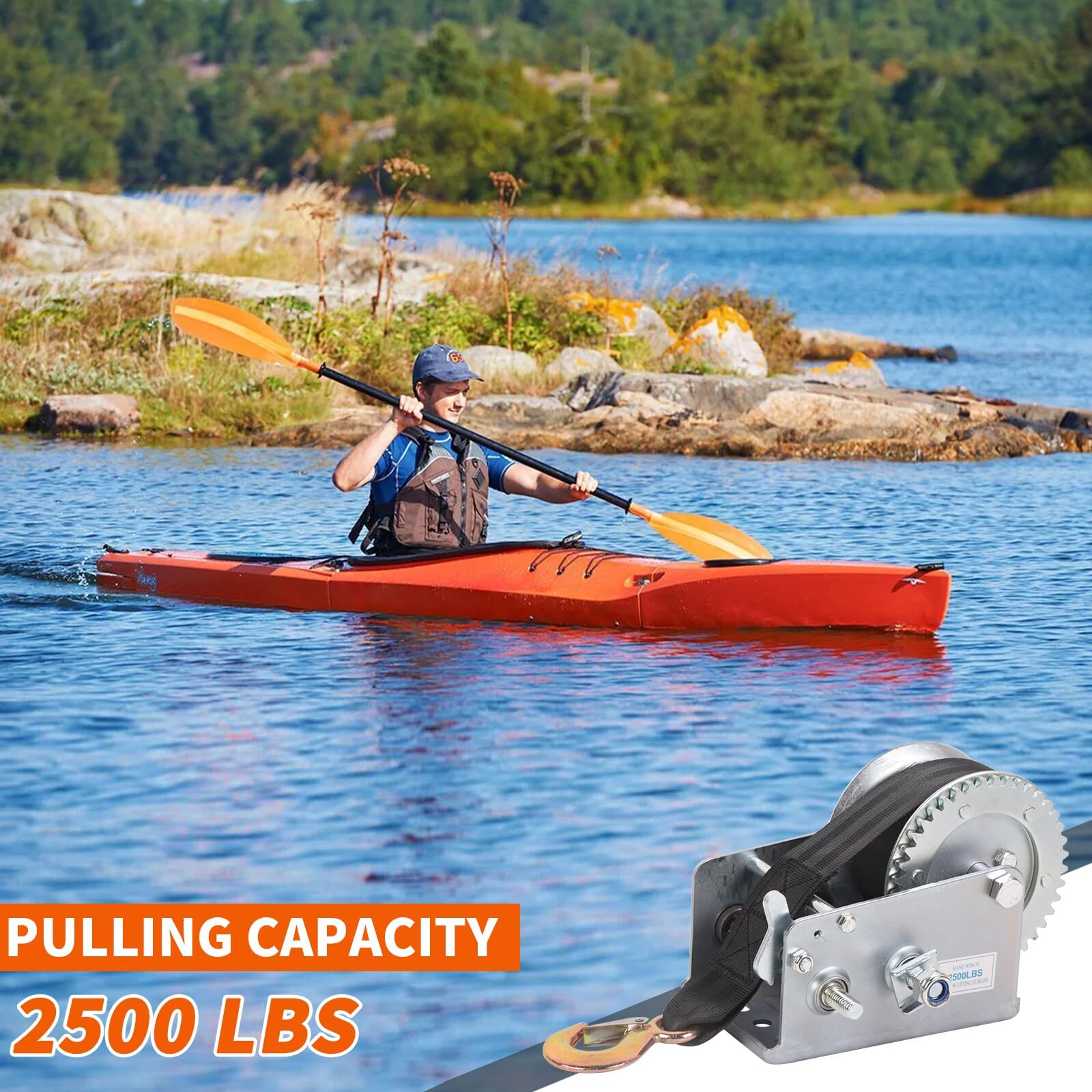 Boat Trailer Winch 2500lbs 2 Gear Polyester Strap Winch ATV Boat Trailer