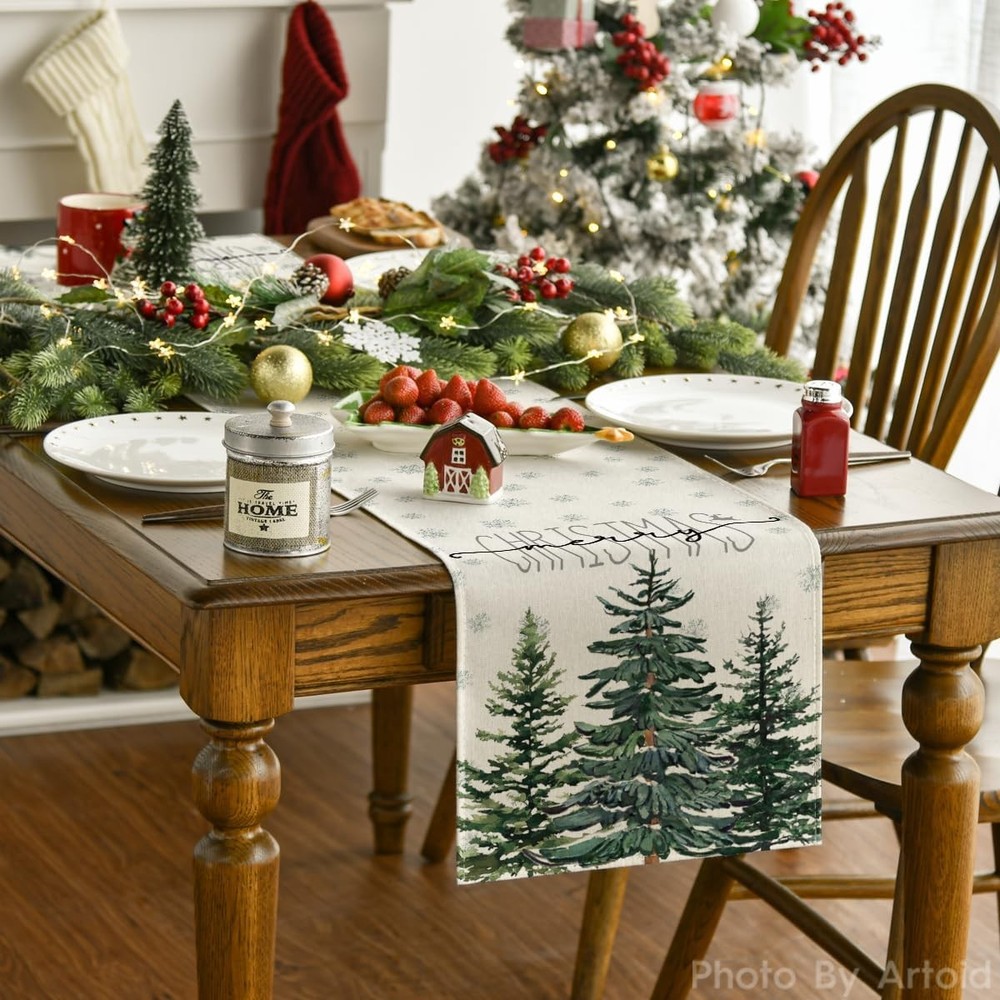 Artoid Mode Beige Pine Tree Snowflake Merry Table Runner, 13 x 72,
