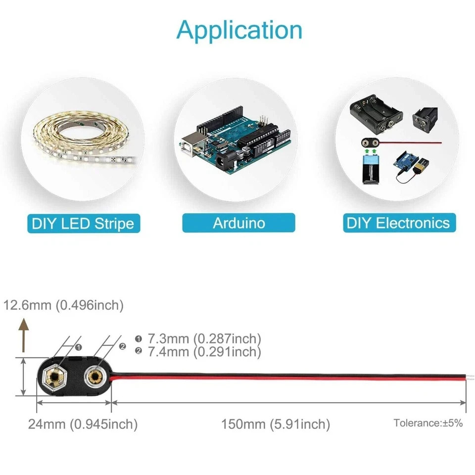 9V 15cm Battery Connector T Type Clip Plug Wire Cord Leads 9 Volt 5PCS
