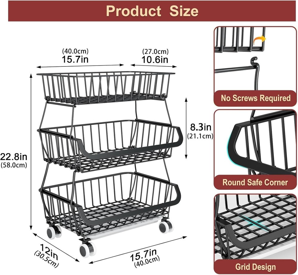 3-Tier Rolling Pantry Cart with Wheels, Stackable Wire Storage Floor Organize...