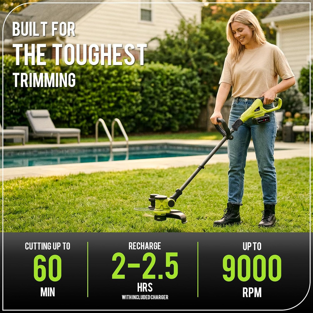 20V Cordless String Trimmer, 2X4Ah Grass Trimmer&Edger with 8 Replacement Spools