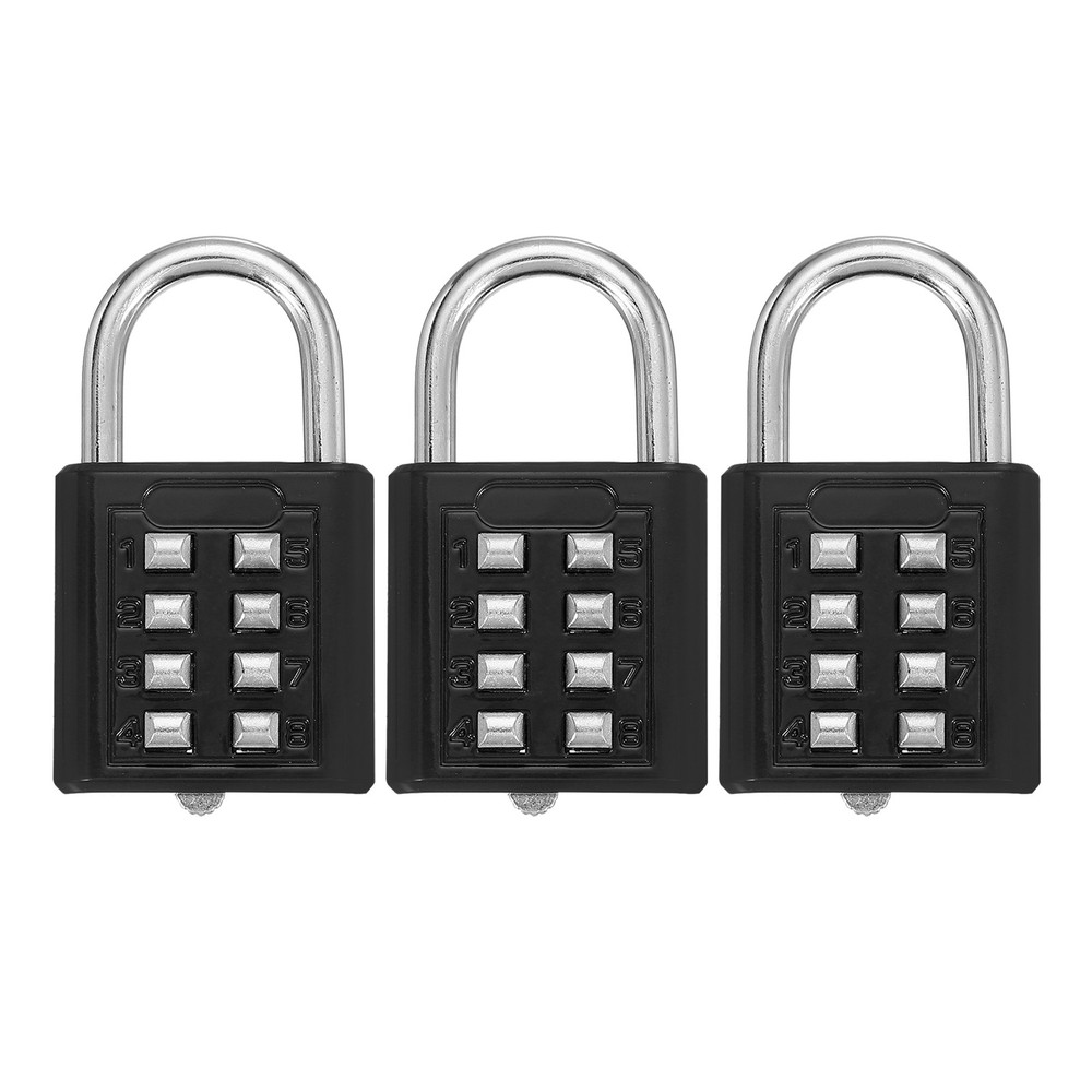 3Pcs Push Button Combination Padlock 8-Digit 4-Position Lock Black