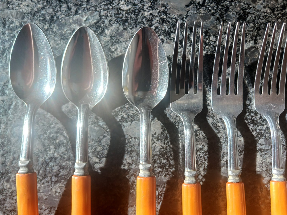 1950s flatware bakelite? lucite? Washington Forge spoon fork red butterscotch