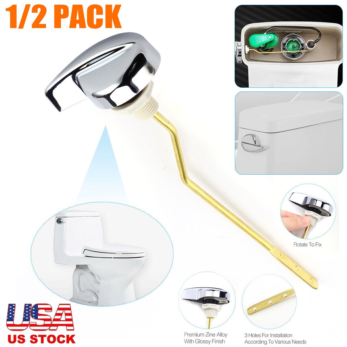 2x Universal Metal Side Mount Toilet Handle Replacement Kit, Brass Toilet Flush