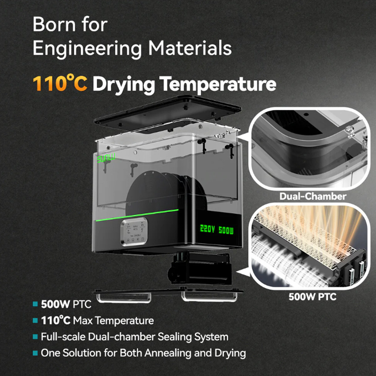 SUNLU E2 Filament Dryer Box,Up to 110℃,Support Annealing,For PA PLA PETG PC-ABS