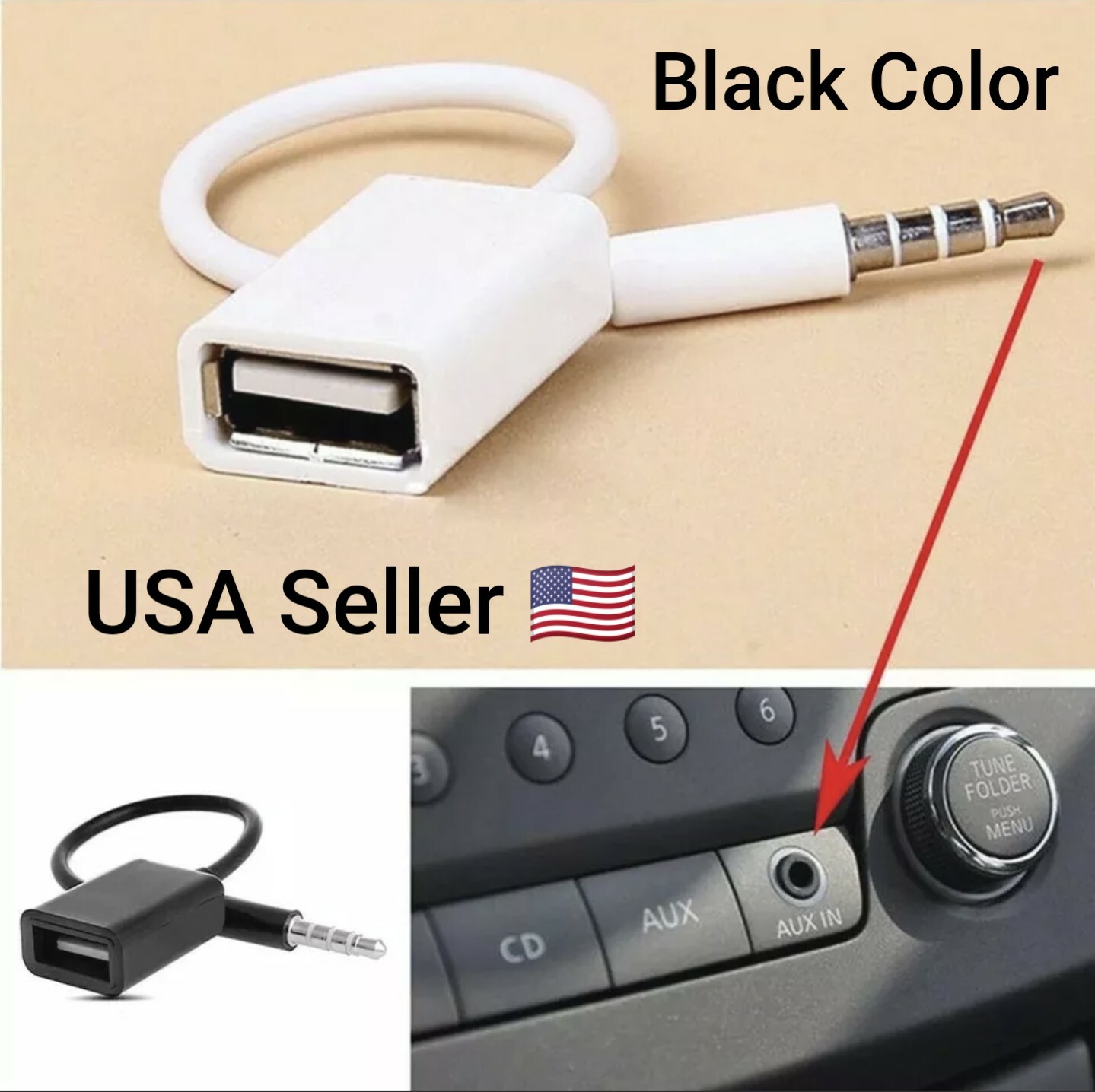 Black 3.5mm Male AUX Audio Plug Jack To USB 2.0 Male To Female Converter Car Mp3
