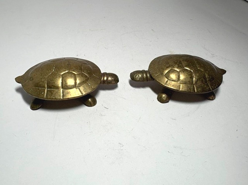Two Vintage Brass Turtle Containers with Hinged Shell Lid Trinket Boxes