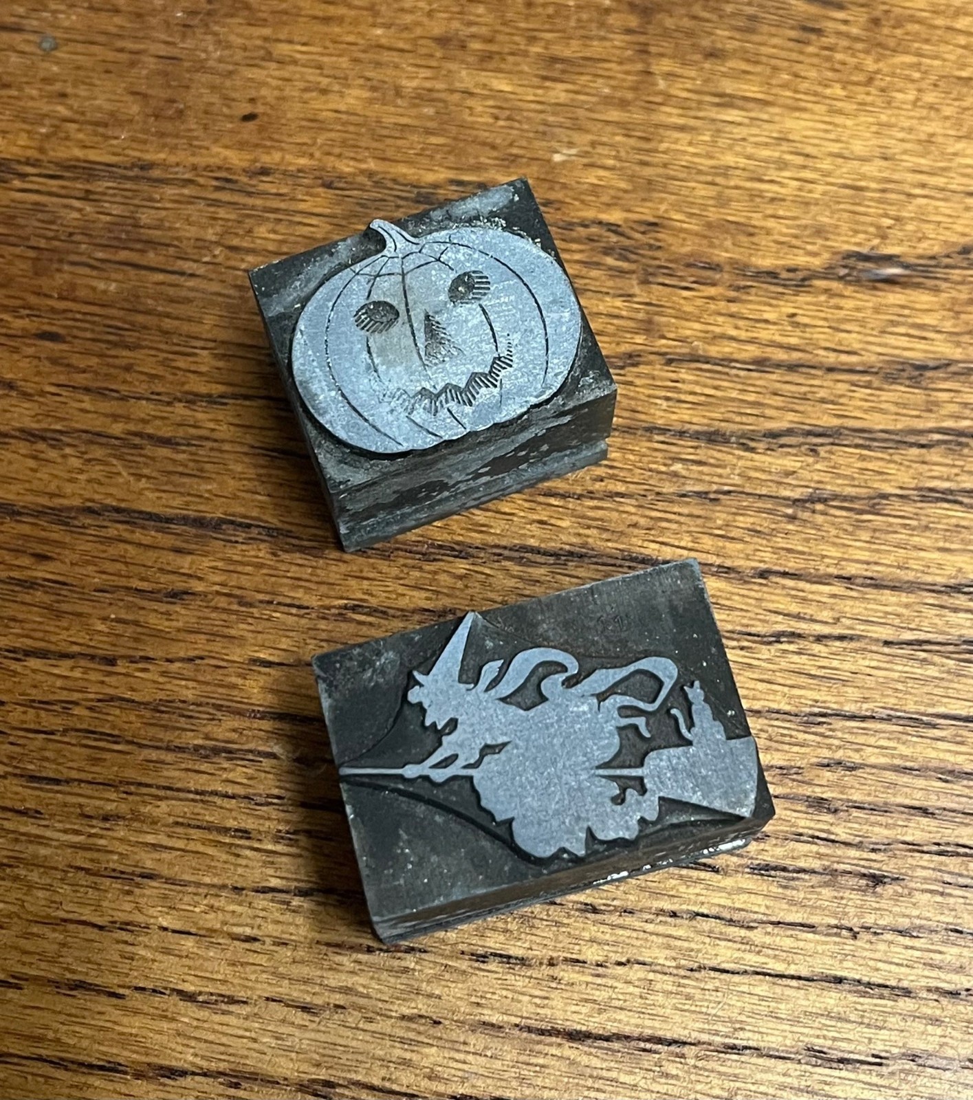 Antique Vintage Halloween Flying Witch & JOL Metal Letterpress Printing Blocks