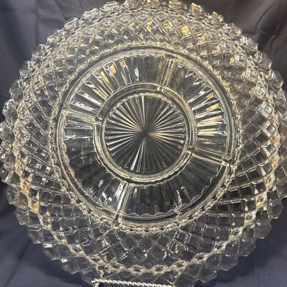 Glass Diamond Cut Sawtooth Multi Sectioned Round Serving Platter 13.9" Diameter