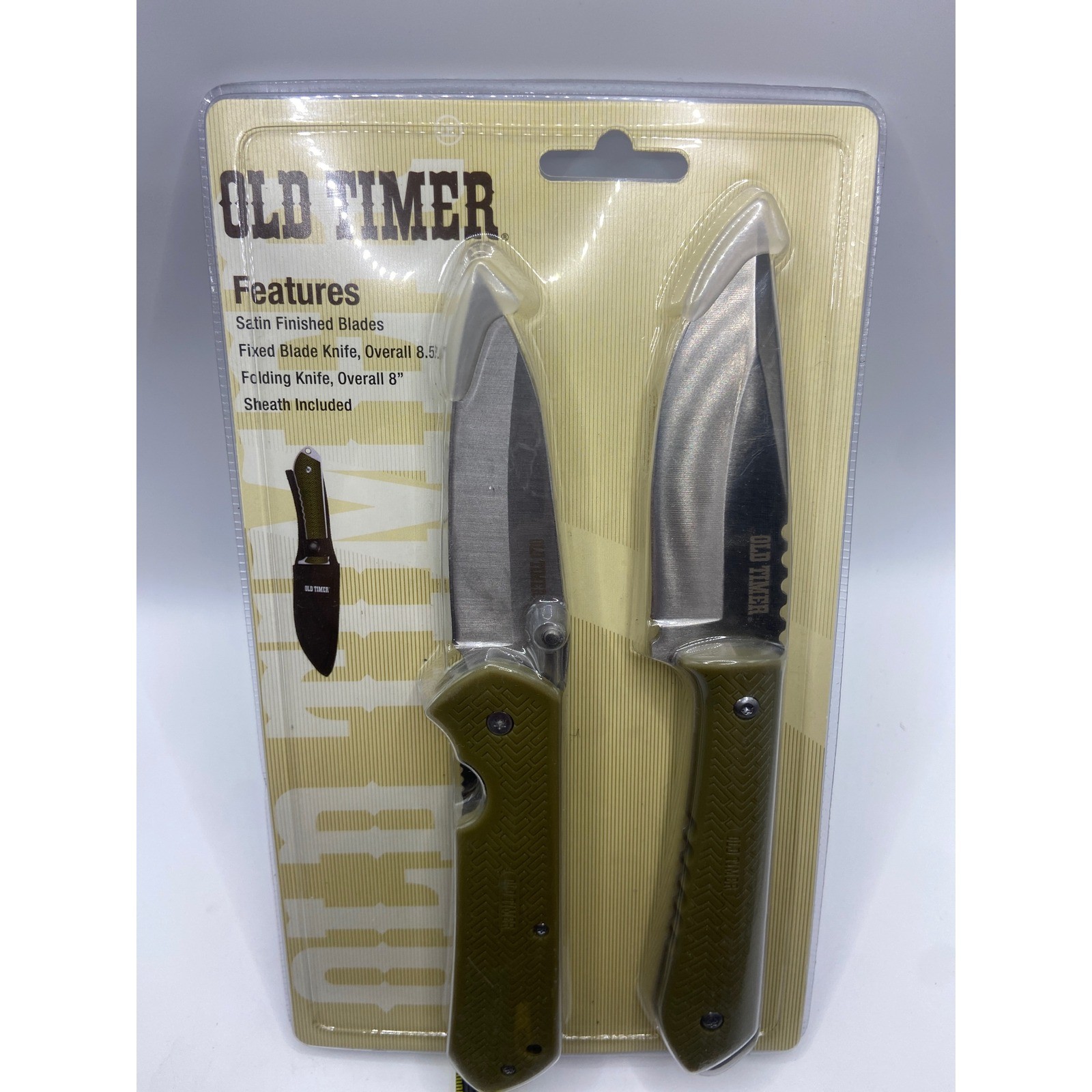 Old Timer Fixed Blade and Folding Knife Set with Sheath Satin Finished Blades