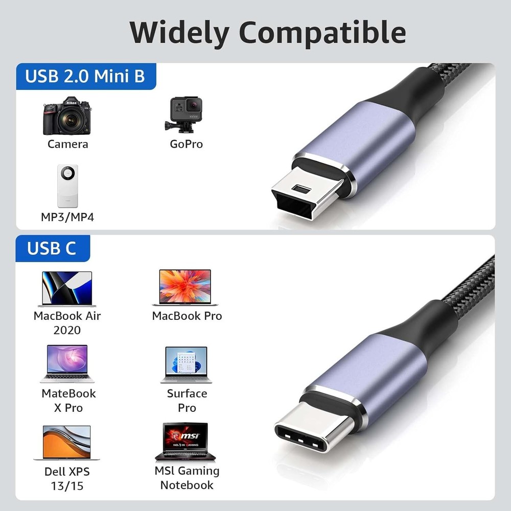 USB C to Mini Cable1FT, [Aluminum Shell, Braided] Durable Mini-B 1FT
