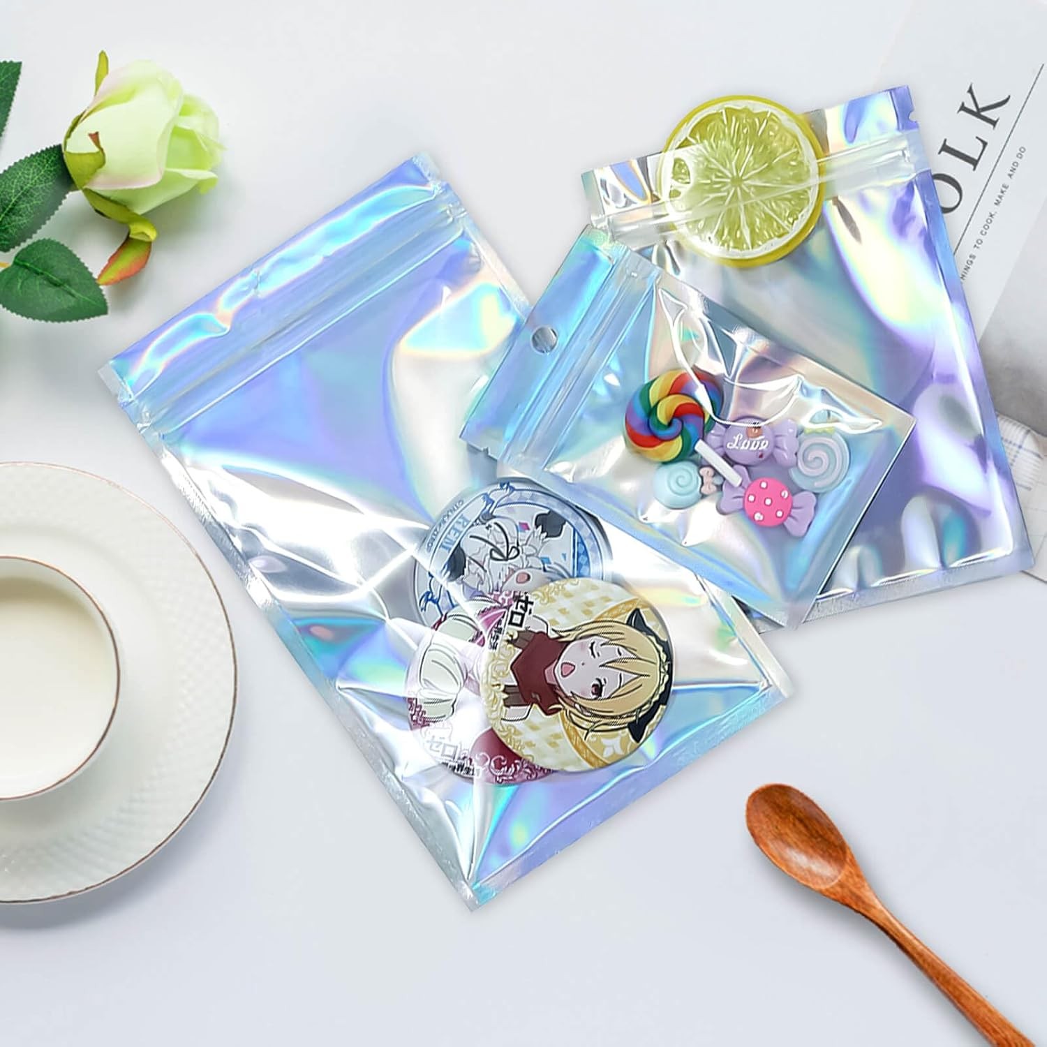 100-1000PCS Holographic Mylar Foil Bags Smell Proof Resealable Zip Seal Pouches