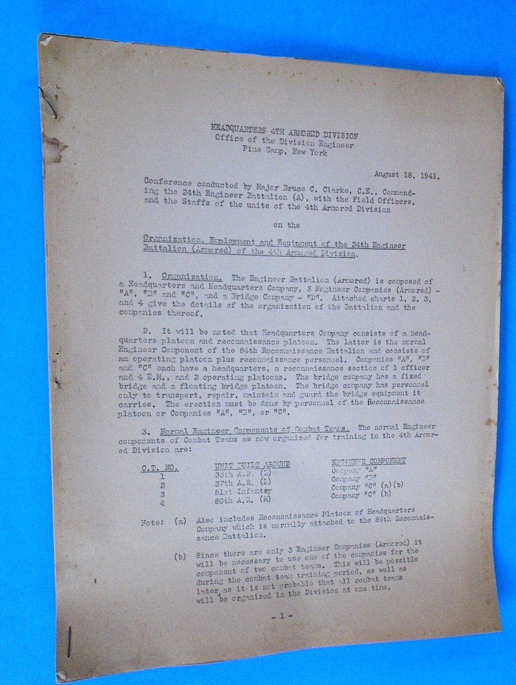 24th Engineer Battalion, 4th Armored Div., Pine Camp, 1941 conference notes