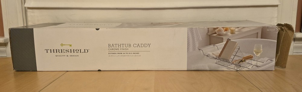 Threshold Chrome Finish Bathtub Caddy Tray w/ Adjustable Sides Extends 24-39.5"