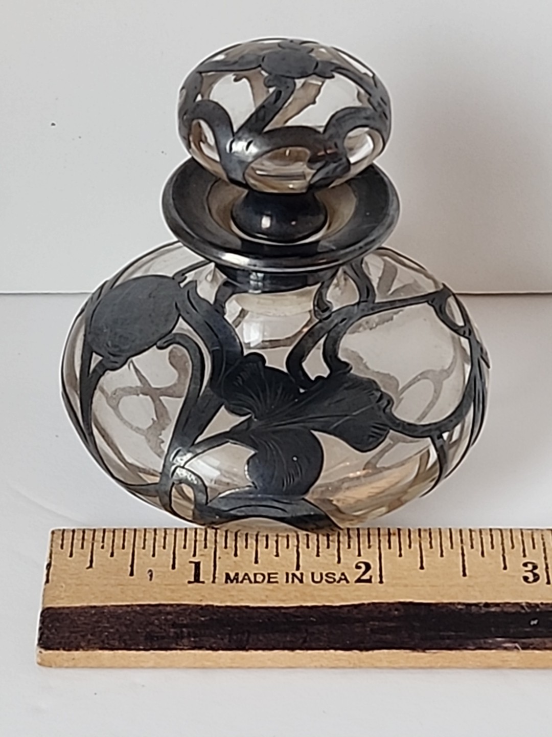 Antique Sterling Silver Overlay Art Nouveau Perfume Bottle Iris Flower READ