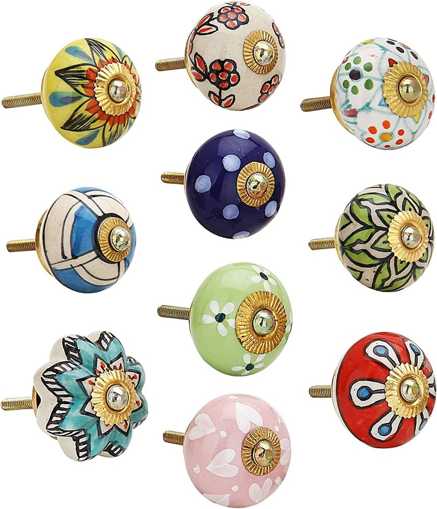 India 10 PC Painted Colorful Cermic Door Knobs Pull Handles Cabinet Hand