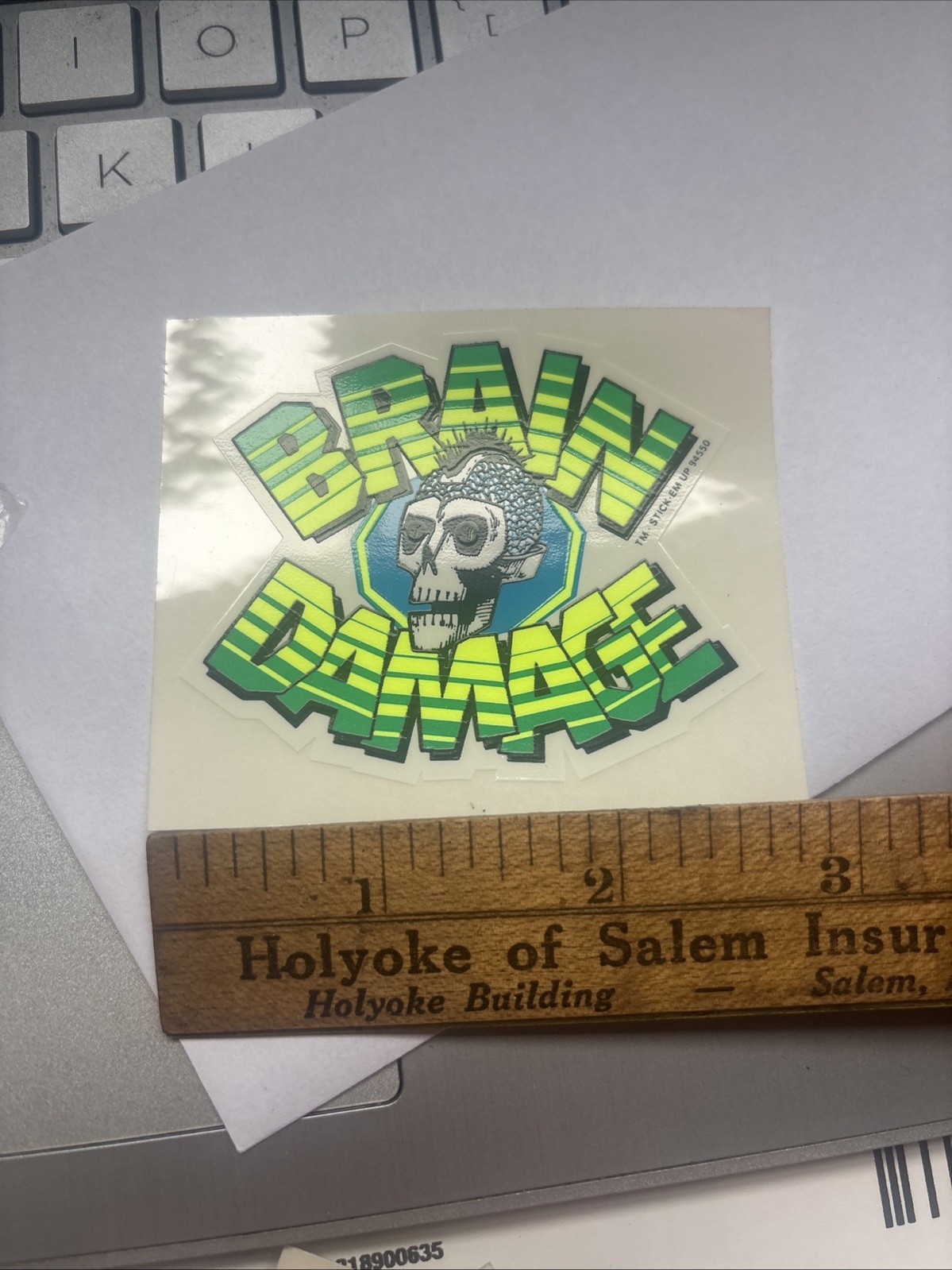 Rare 80s 90s Brain Damage SKATEBOARD Deck STICKER Vtg 2.5” Skater Helmet Punk