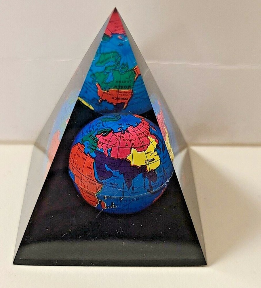Globe inside Pyramid Paperweight