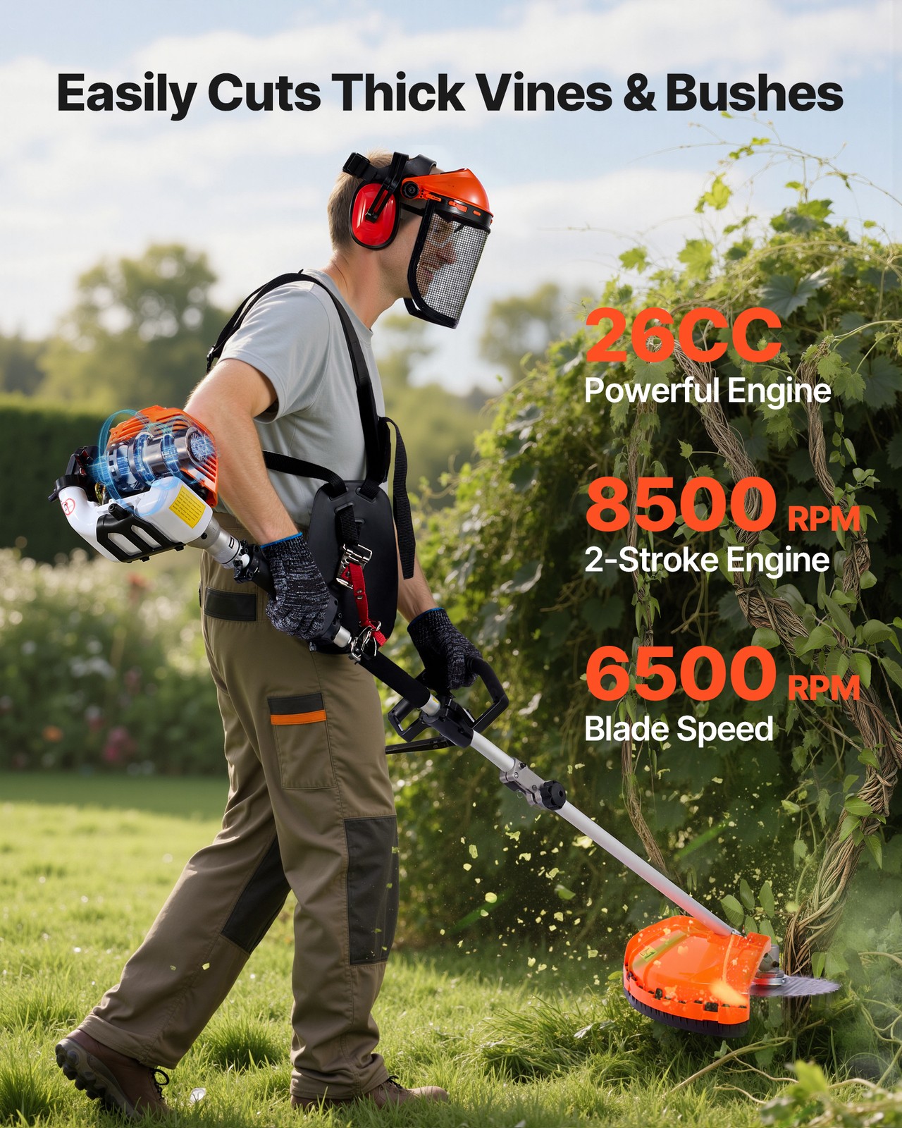 VEVOR 6-in-1 Gas Hedge Trimmer 2 Cycle 26cc Gas Powered Handheld Hedge Trimmer