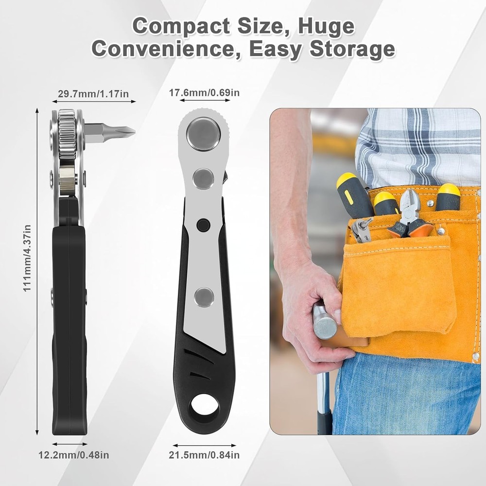 Ratcheting Right Angle Screwdriver Hex Drive 90 Degree Offset + 10pc Bits Set