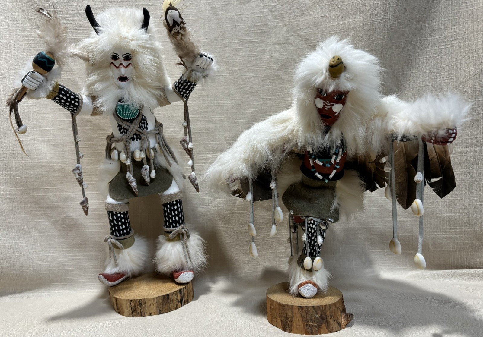 Kachina Sculptures Buffalo & Eagle Dancer 11-14" Handmade Feathers & Fur Signed