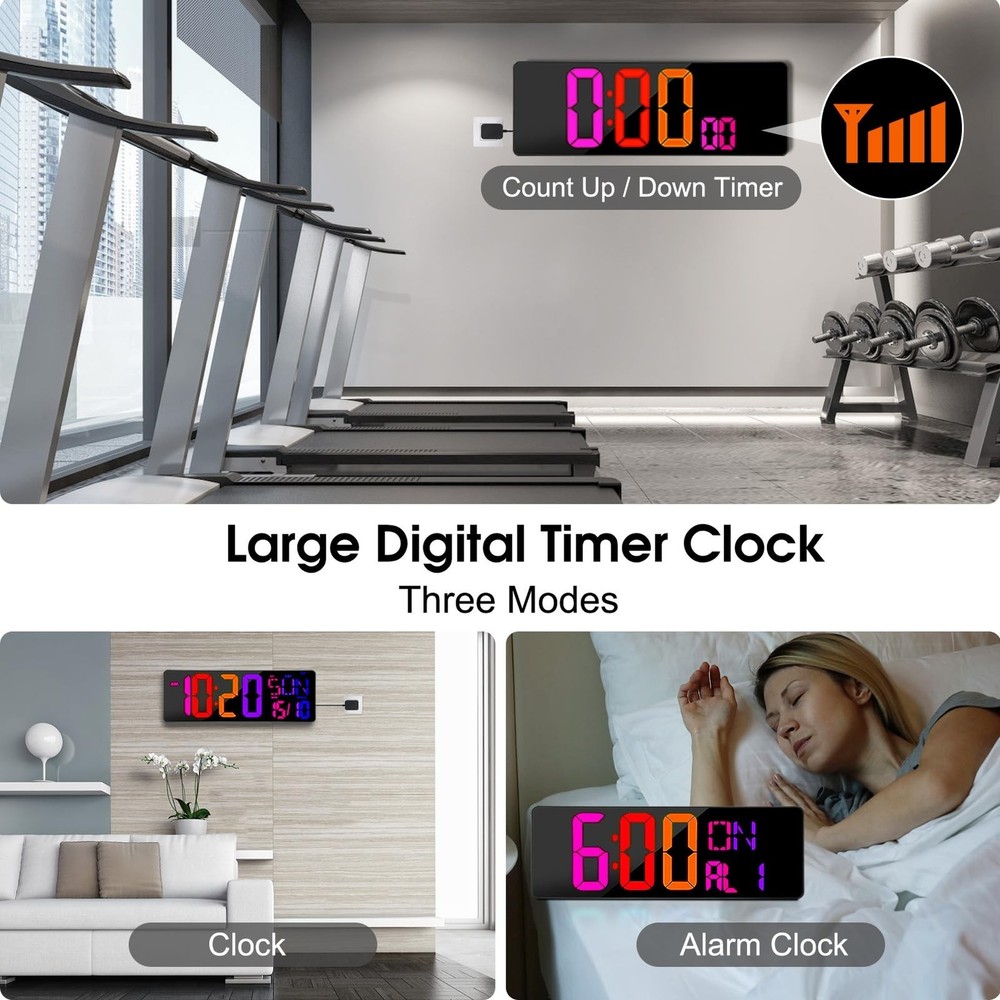 XREXS Large Digital Wall Clock Bluetooth Sync, 17.2" RGB Color Changing Digit...