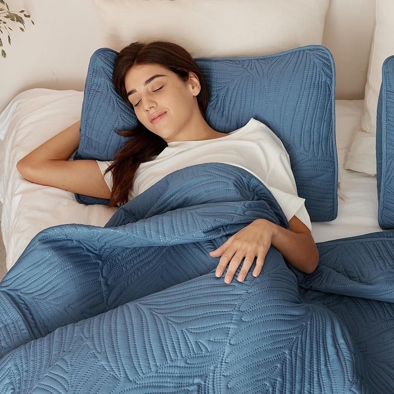 Ultra Soft Leaf Pattern Queen Quilt Set Lightweight All Season Bedding Essential