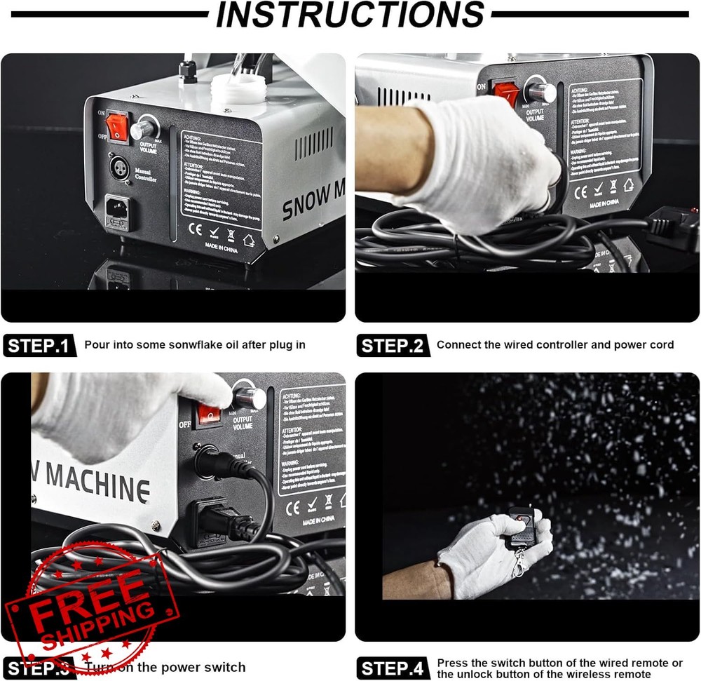 1000W Snow Machine Remote Manual, Adjustable Snowflake Size Grey