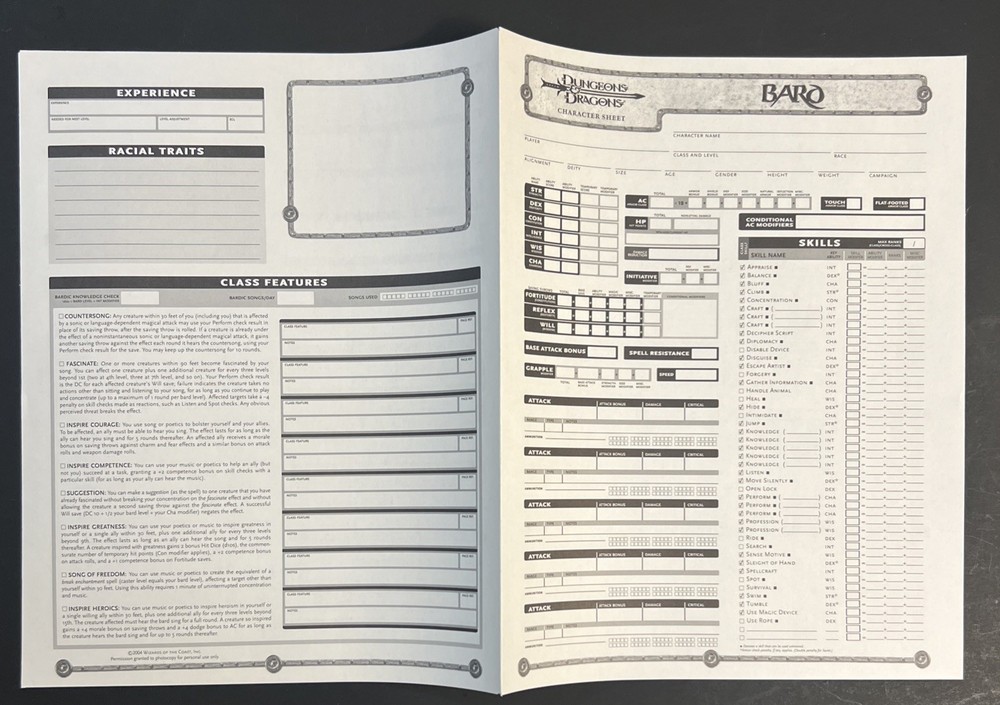 2004 Dungeons And Dragons Folder And Character Sheets. Folder Has Some Flaws