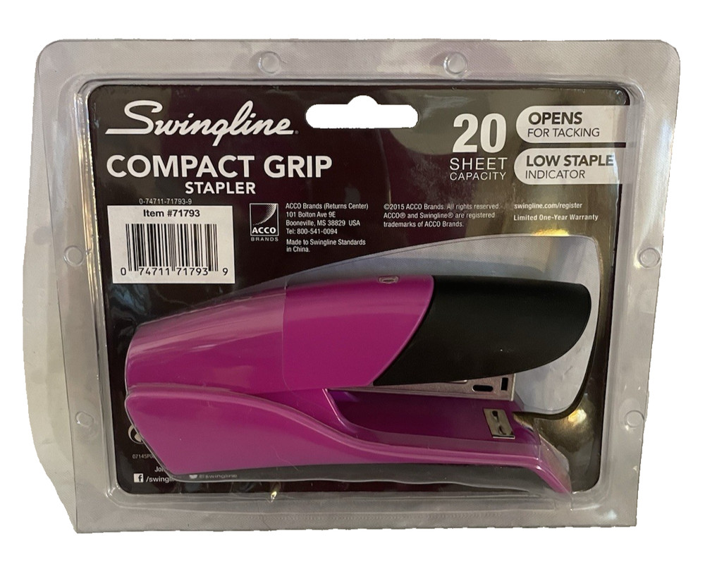 NIP Swingline Compact Grip Stapler 20 Sheets Pink/ Black Low Indicator Light