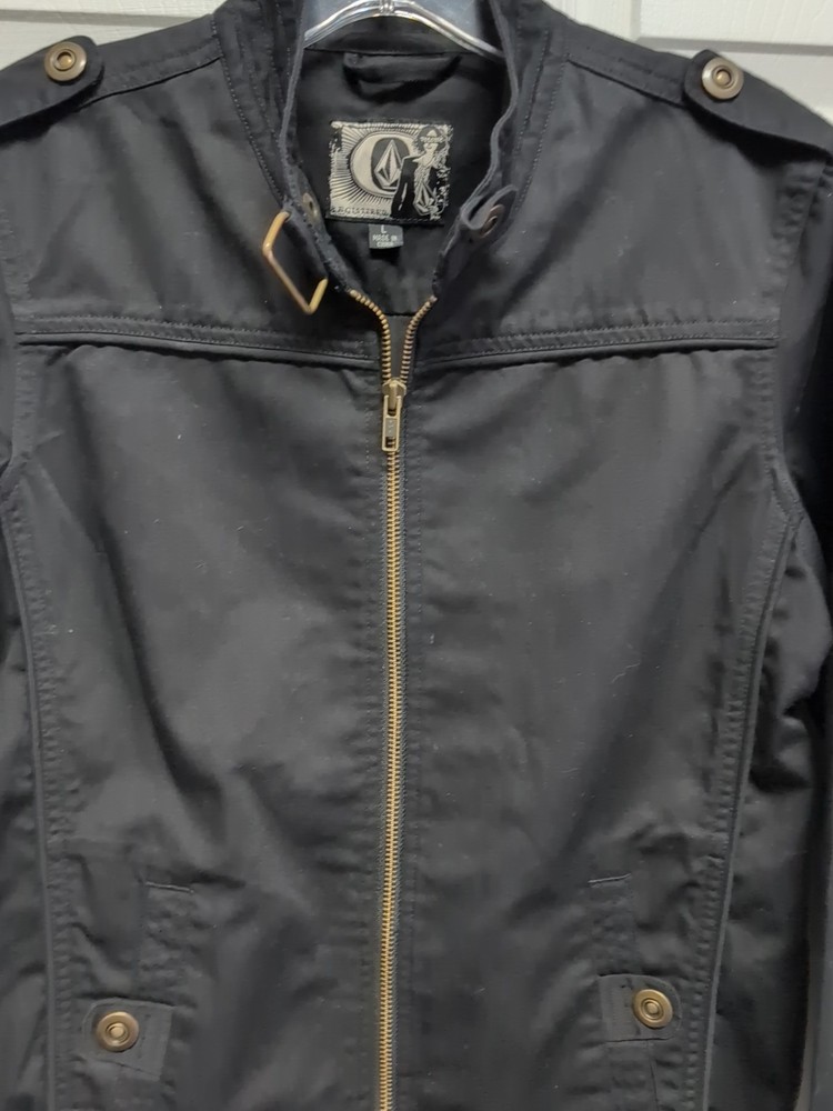 Volcom Black Lightweight Jacket Size L Full Zip Pockets Snaps Elastic Sides