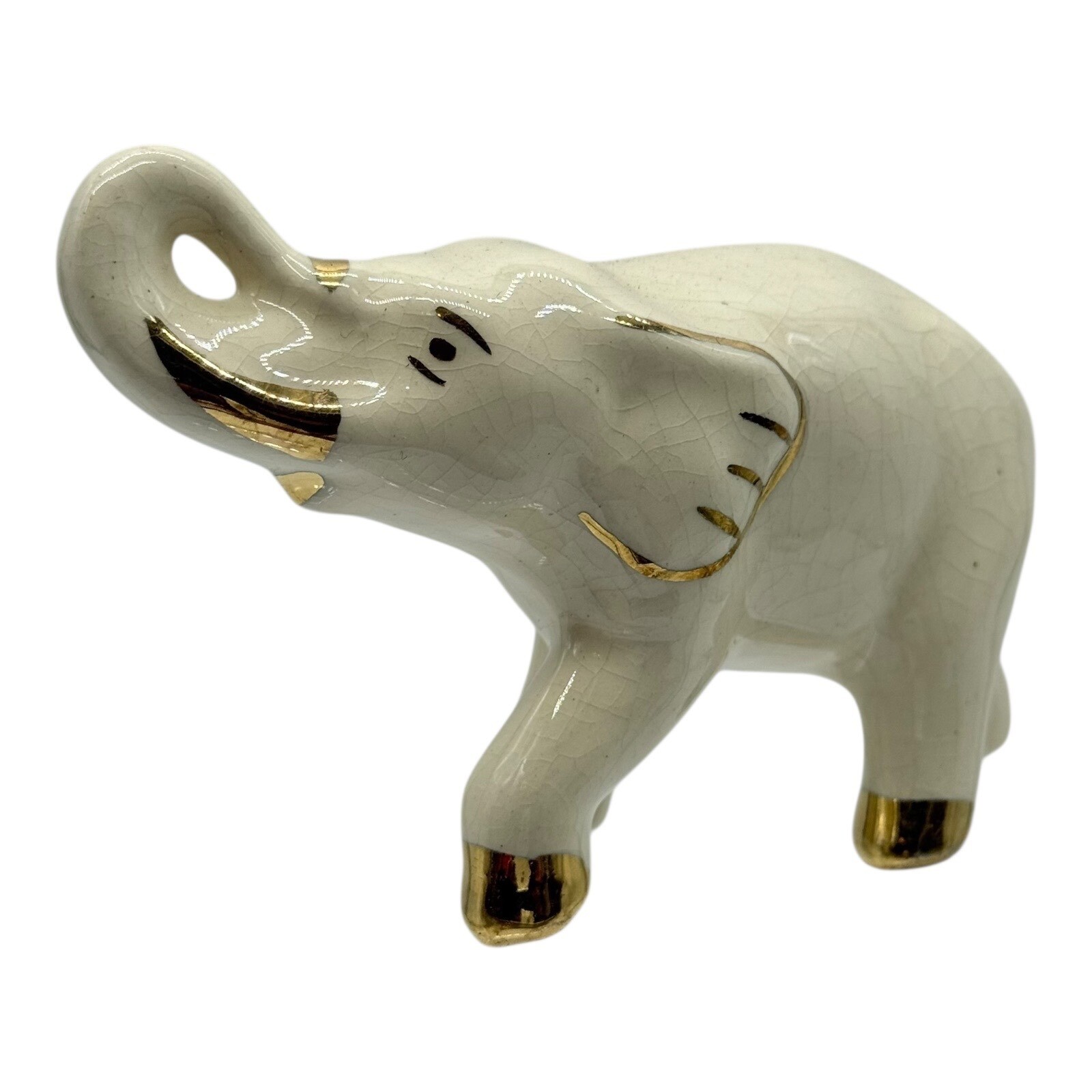 Vintage Ceramic Elephant Figurine Gold Accents Lucky Up Trunk Decor