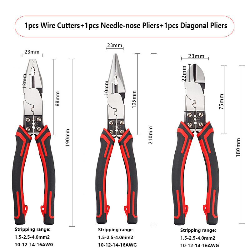 3Pcs Wire Stripper Crimper Cutter Diagonal Pliers Tool Combination Pliers Set