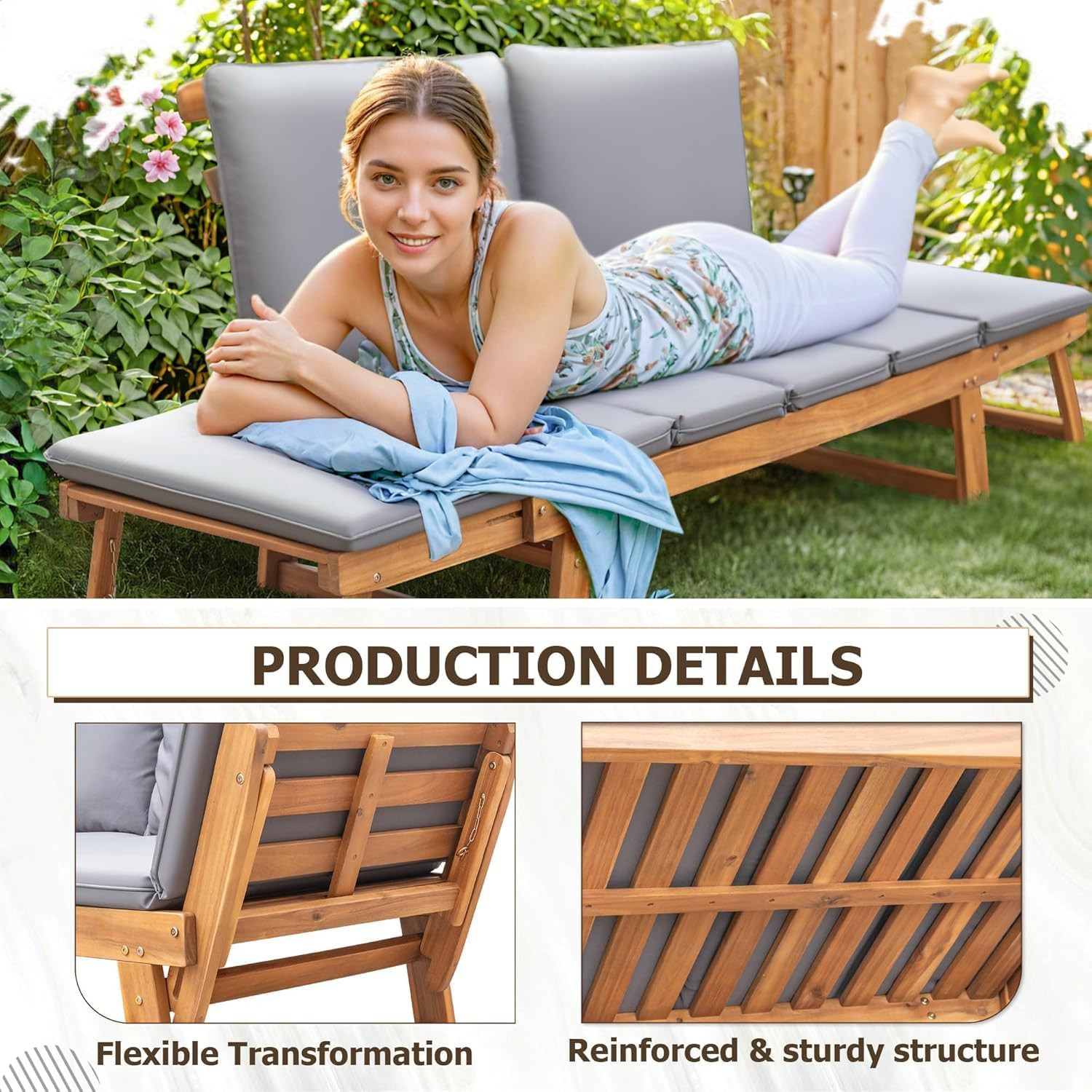 Outdoor Couch Acacia Wood Patio Couch with Adjustable Armrests, Outdoor Converti