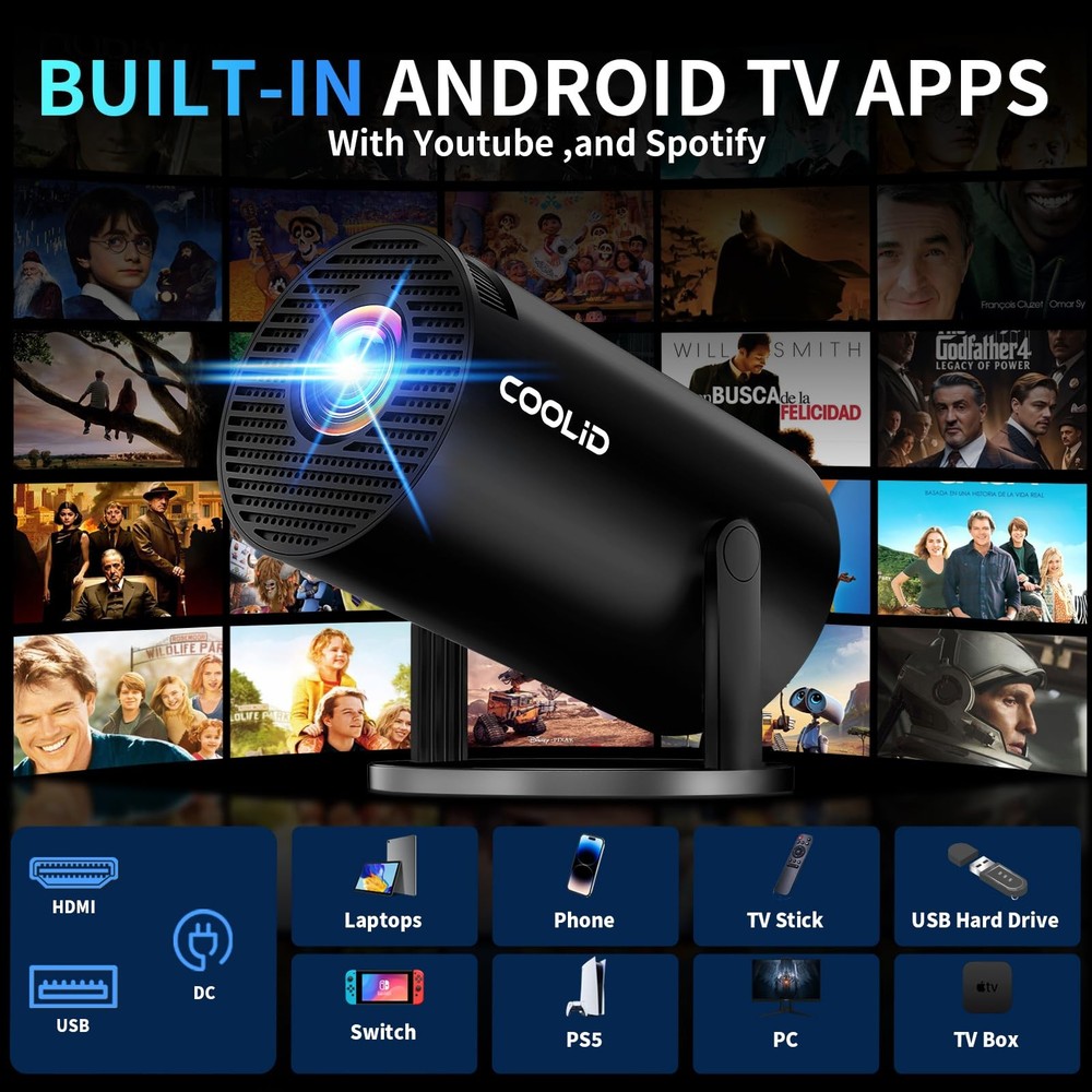 [Built-in Apps & 2026 Upgraded] Mini Projector Support 4K Projector, Black